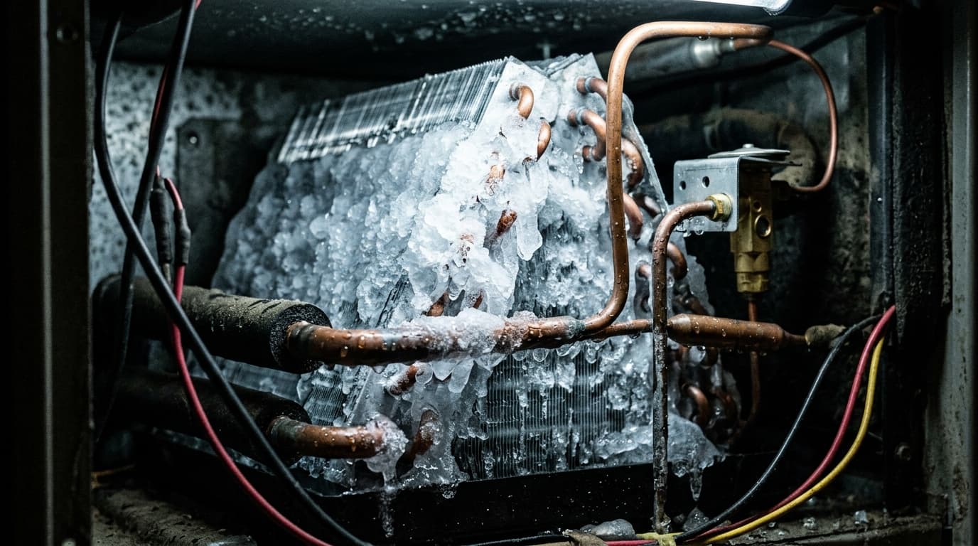 Frozen AC evaporator coil showing ice buildup during Alabama summer