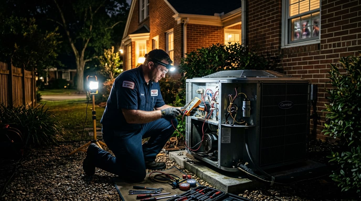 Emergency AC repair technician diagnosing a residential HVAC system in Birmingham Alabama