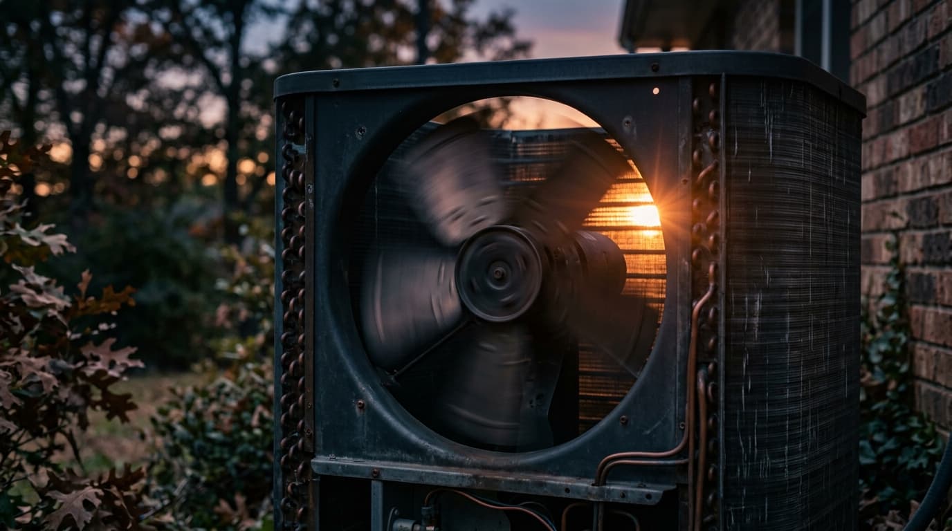 An outdoor AC condenser fan in motion at dusk, copper sun flare through the fins