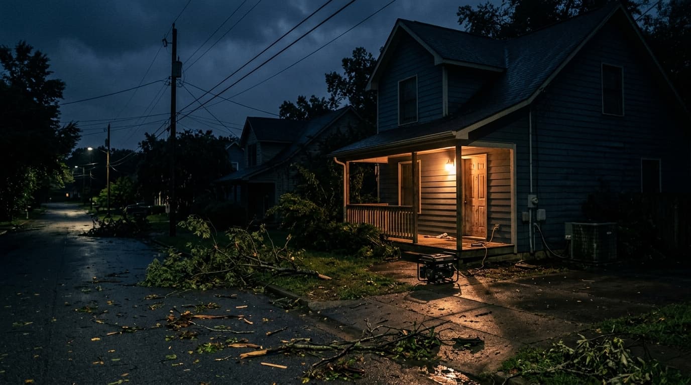 A dark Birmingham neighborhood after a storm with one porch light on a generator and an AC condenser in shadow