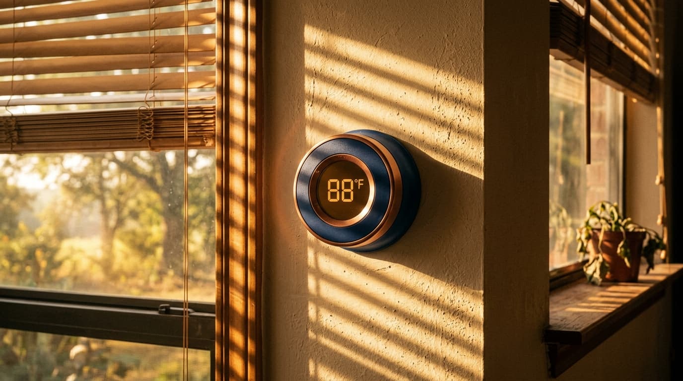 A residential thermostat reading 88 degrees in golden afternoon light through window blinds