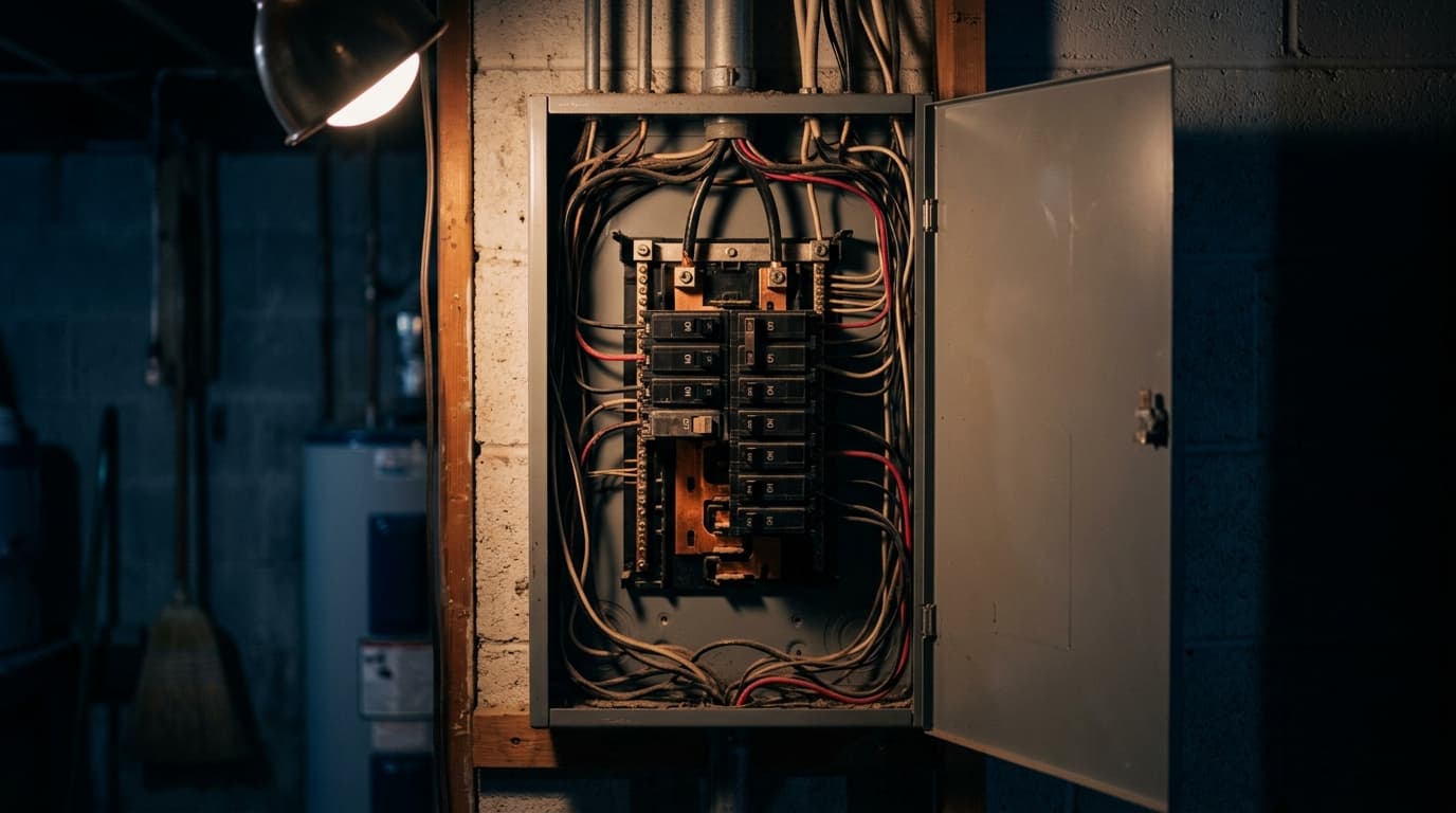 An open residential breaker panel in soft tungsten light, one breaker switch in the tripped position