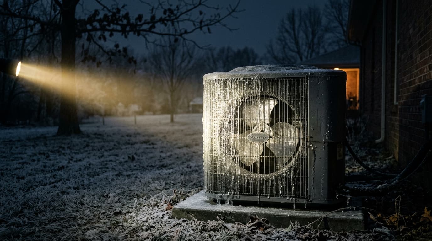 A residential heat pump outdoor unit completely encased in ice at 2 AM in a Clay Alabama backyard, illuminated by a homeowner flashlight beam