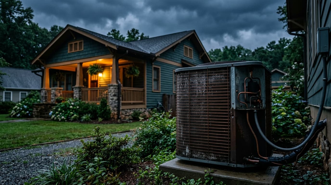 A residential AC condenser at twilight beside a craftsman home in Birmingham, summer storm clouds gathering