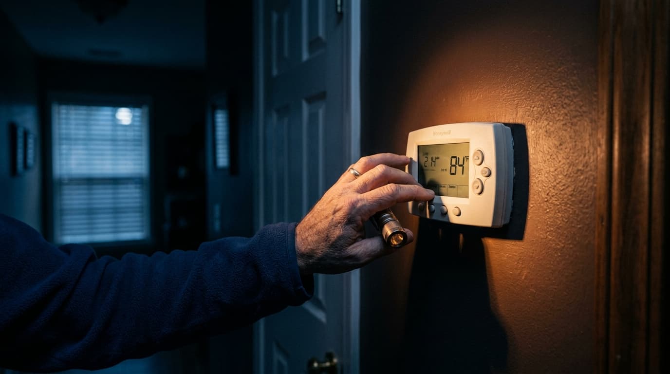 A hand with a flashlight reaching for a residential thermostat reading 84 degrees at 2:14 AM in a Leeds Alabama home