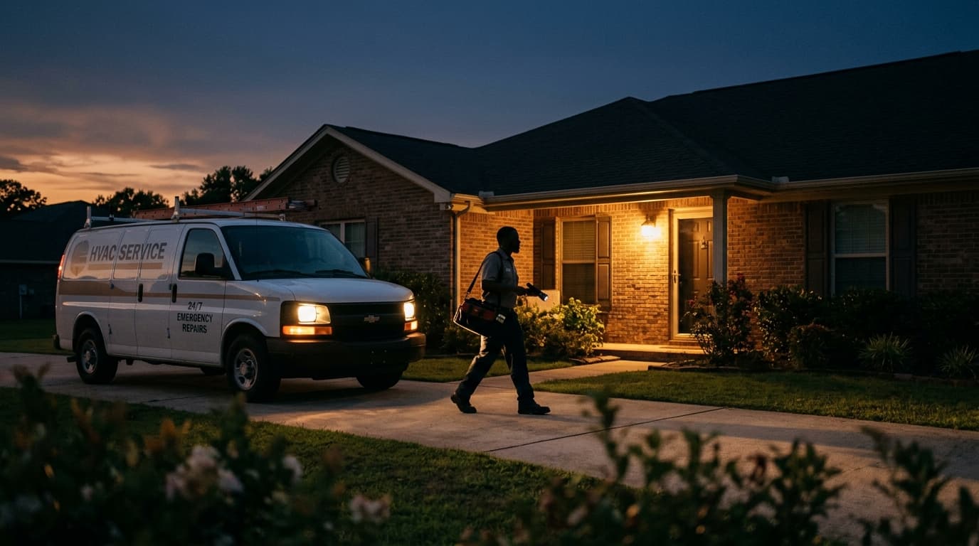 An HVAC service van parked at dusk in front of a Moody Alabama brick ranch home, technician walking up the drive with a service bag