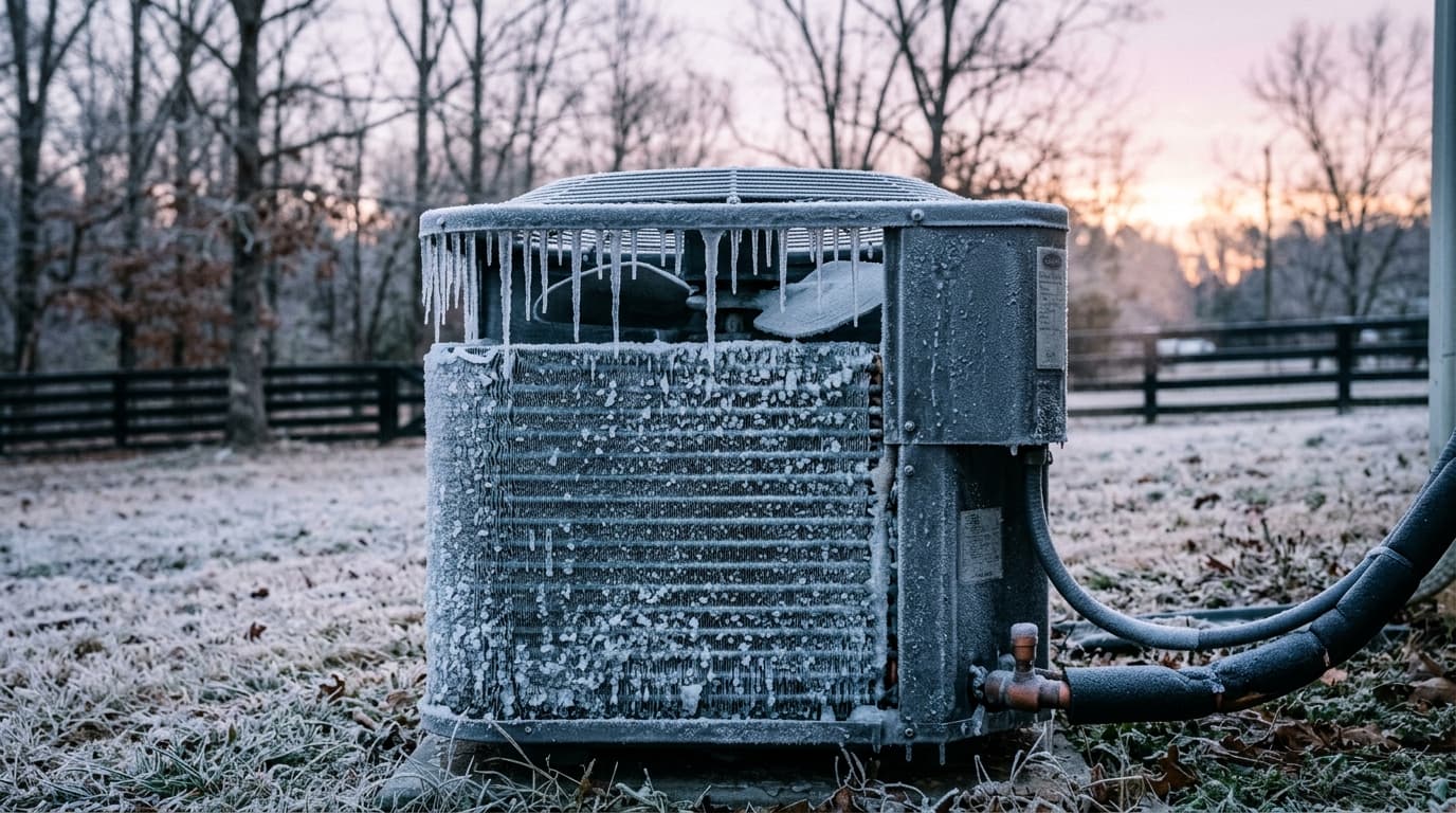 A residential heat pump outdoor unit encased in frost and icicles at sunrise on a freezing Pinson Alabama winter morning