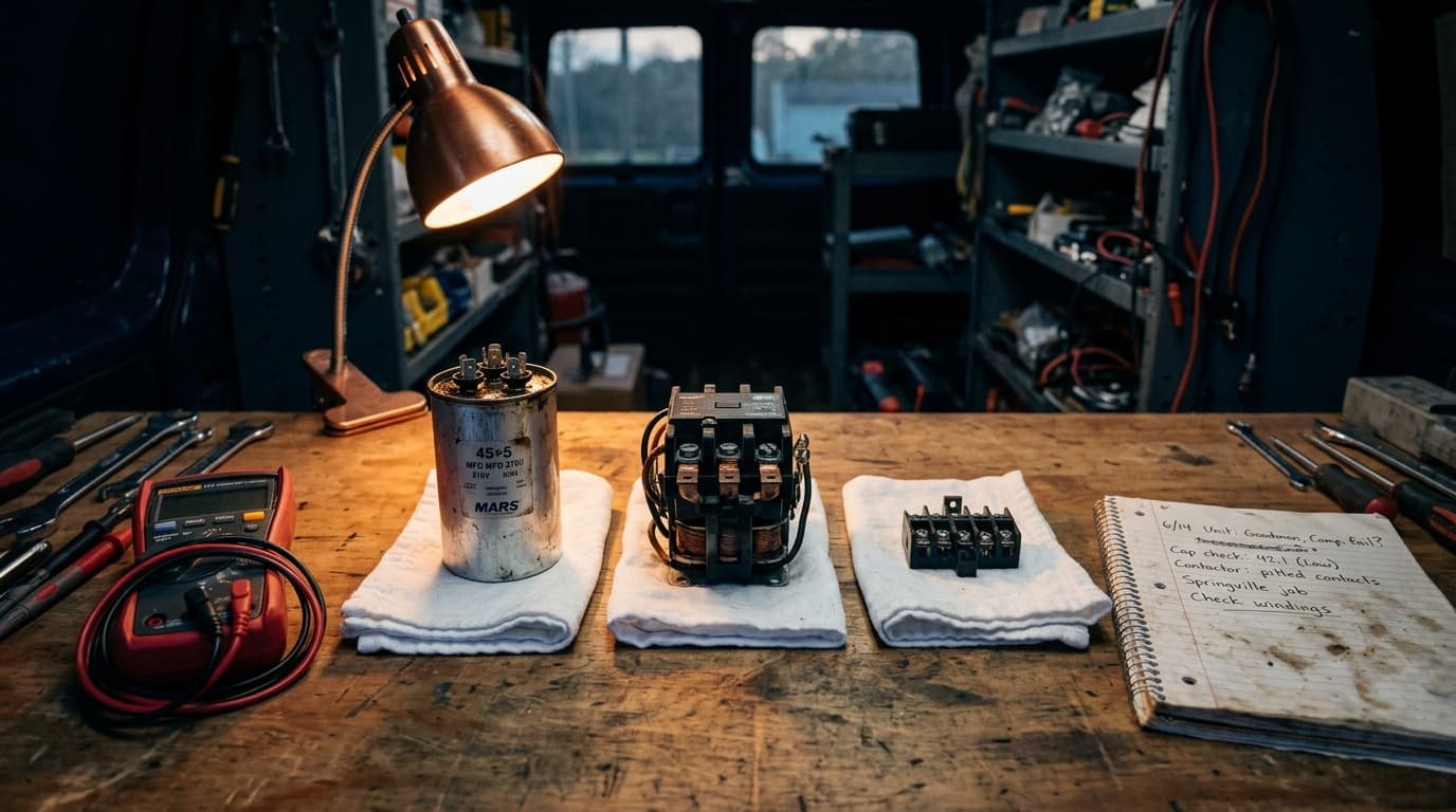 Three AC repair parts arranged on a Springville HVAC service van workbench under copper work light — a capacitor, a contactor, and a compressor terminal block