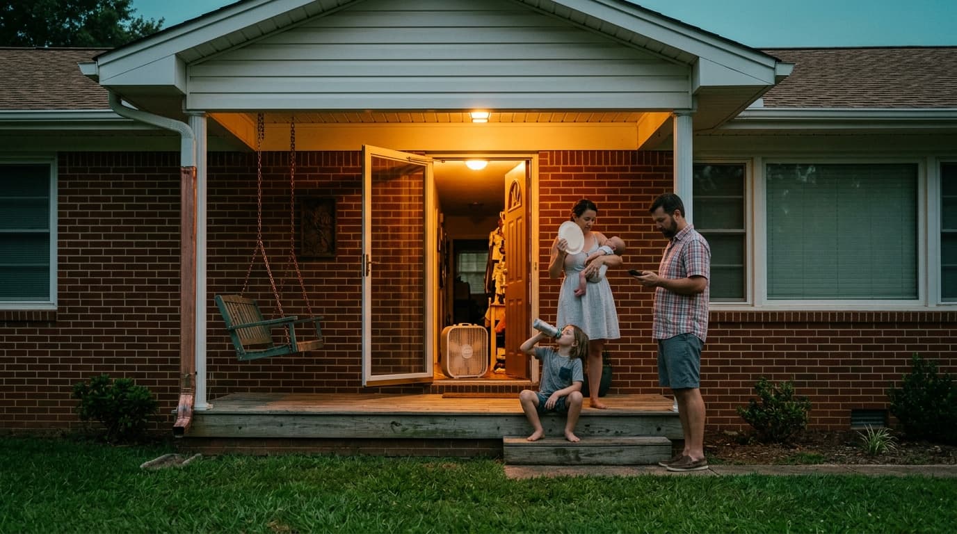 A Trussville Alabama family on their front porch at dusk, parents and children waiting through an evening HVAC emergency, indoor lights glowing behind them