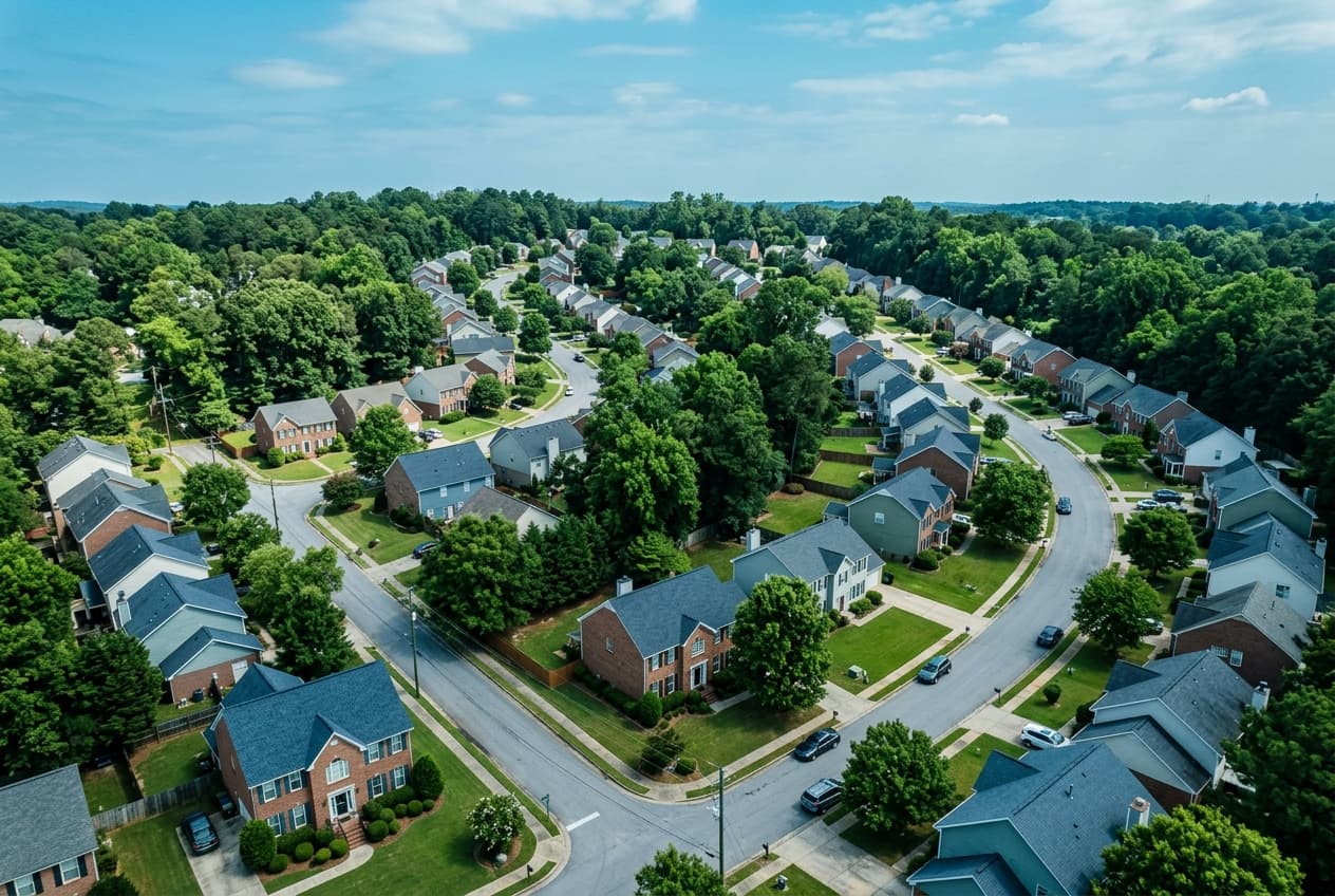 Calle residencial en Clay, Alabama con un condensador de AC visible a la hora dorada