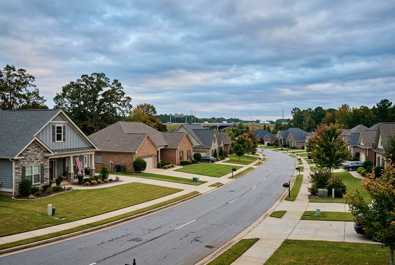 Moody, Alabama residential street with an AC condenser visible at golden hour