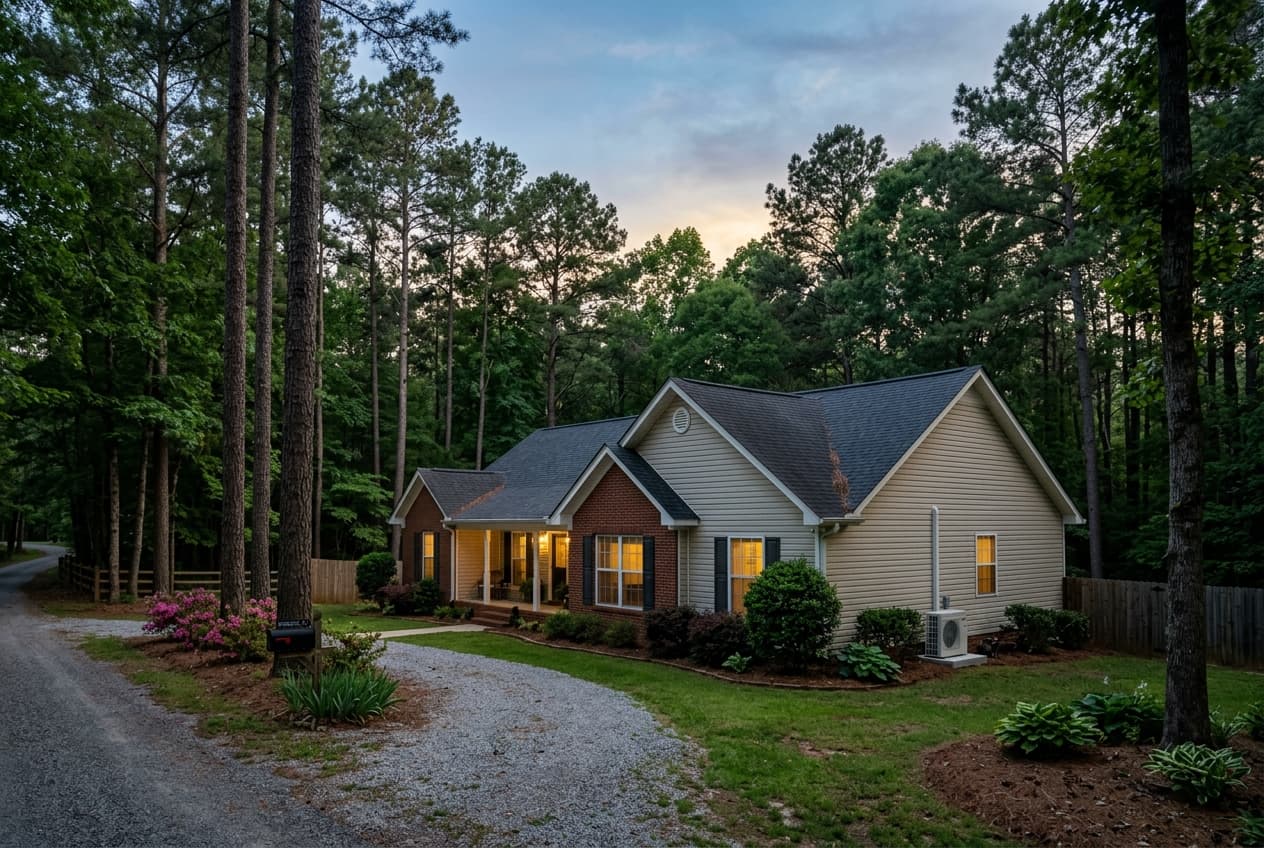 Springville, Alabama residential street with an AC condenser visible at golden hour