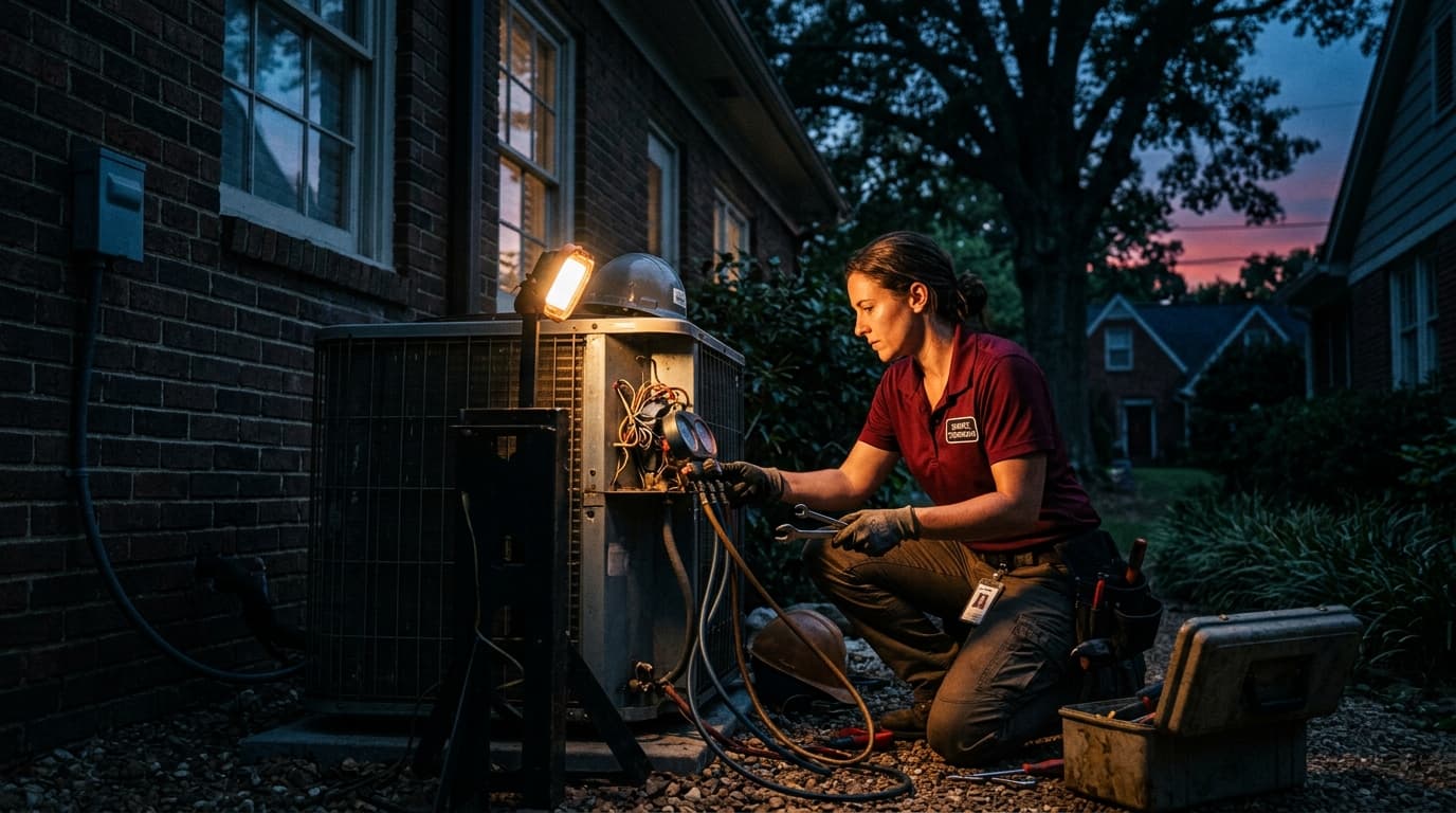 Technician at an outdoor AC condenser with tools in hand