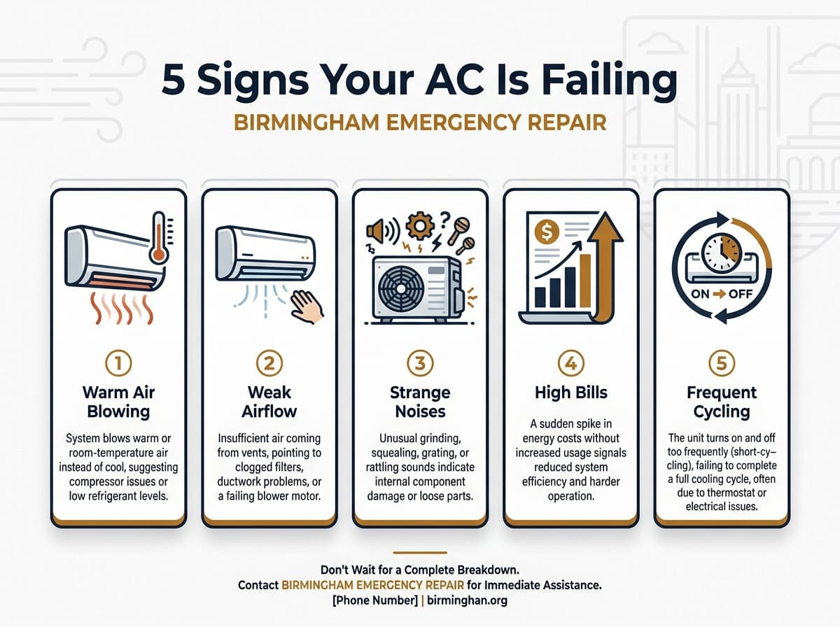 Infographic showing the 5 warning signs your AC is about to fail in Birmingham