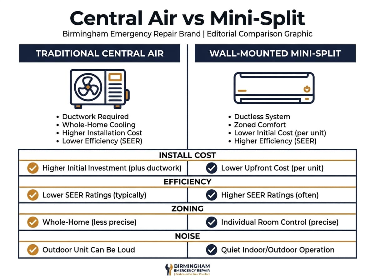 Infographic comparing central air conditioning versus ductless mini split systems for Birmingham homes