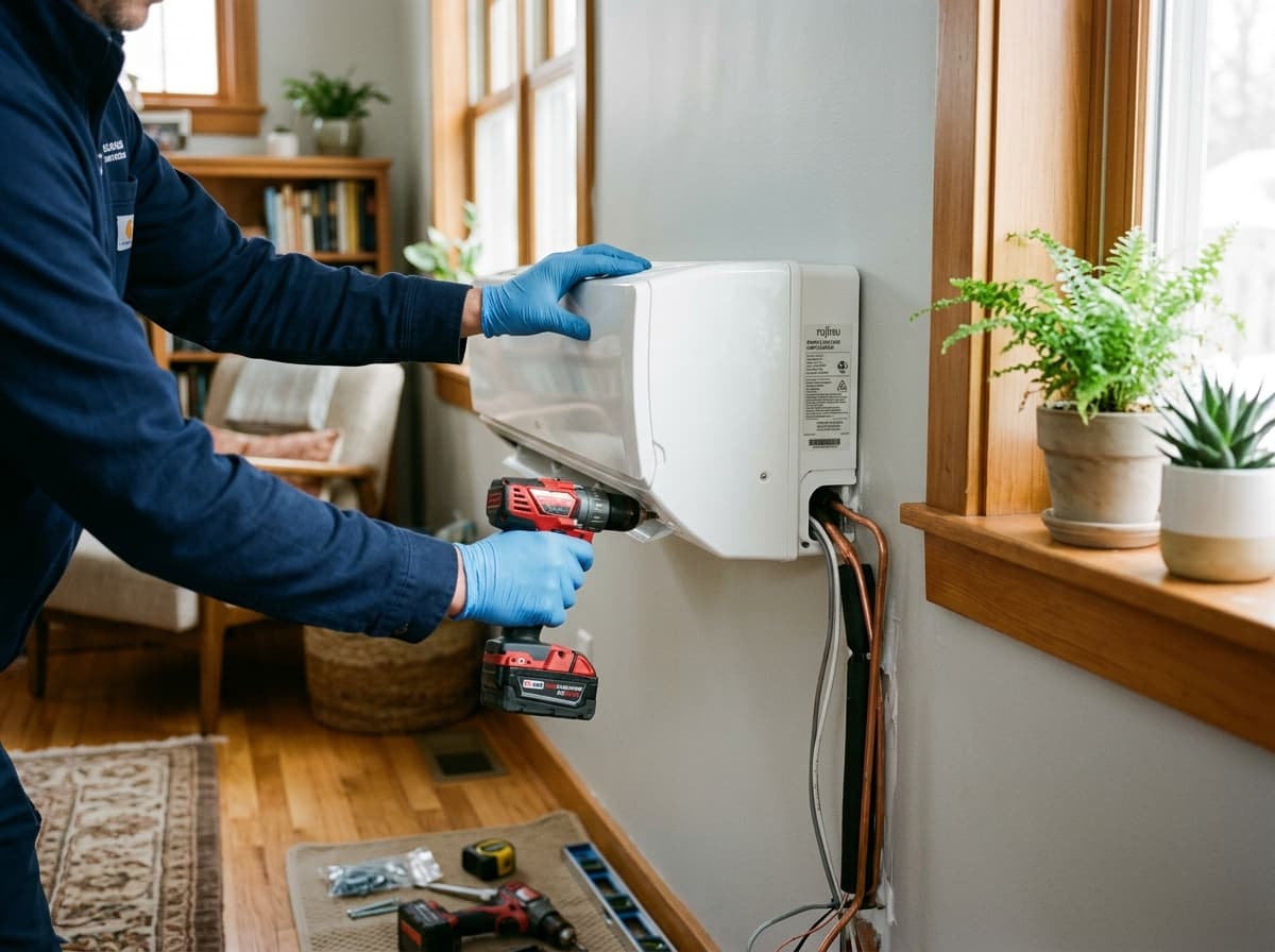 Technician mounting a ductless mini-split head unit in a Birmingham home interior