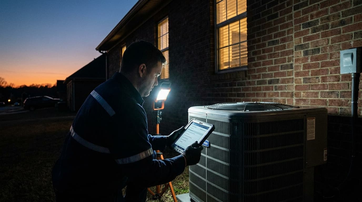 HVAC technician performing preventive maintenance on a Birmingham residential AC system