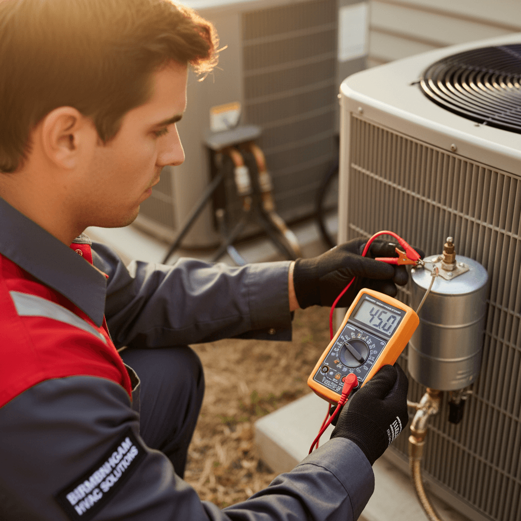 HVAC technician performing system diagnostic on outdoor AC unit in Birmingham