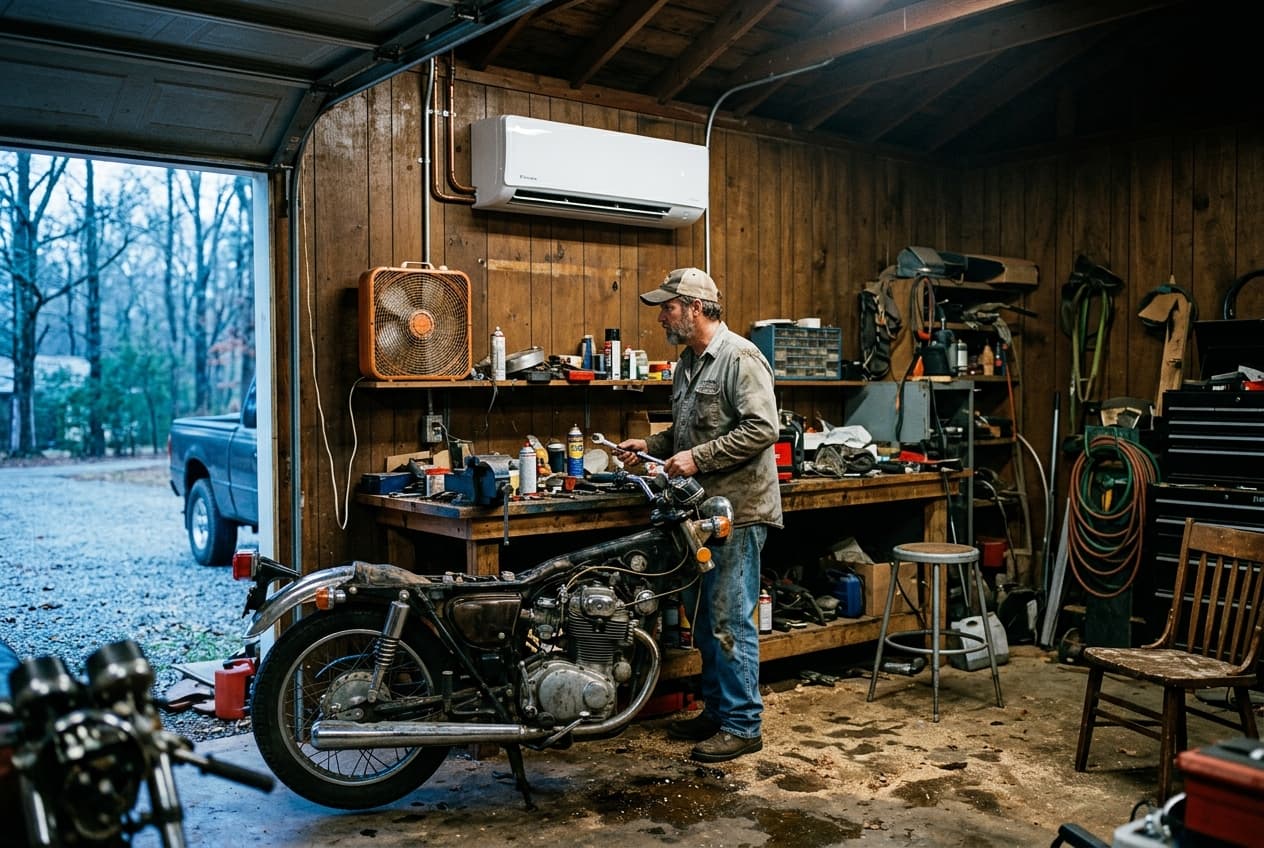 Mini-split sin ductos montado en un taller-garaje de Alabama